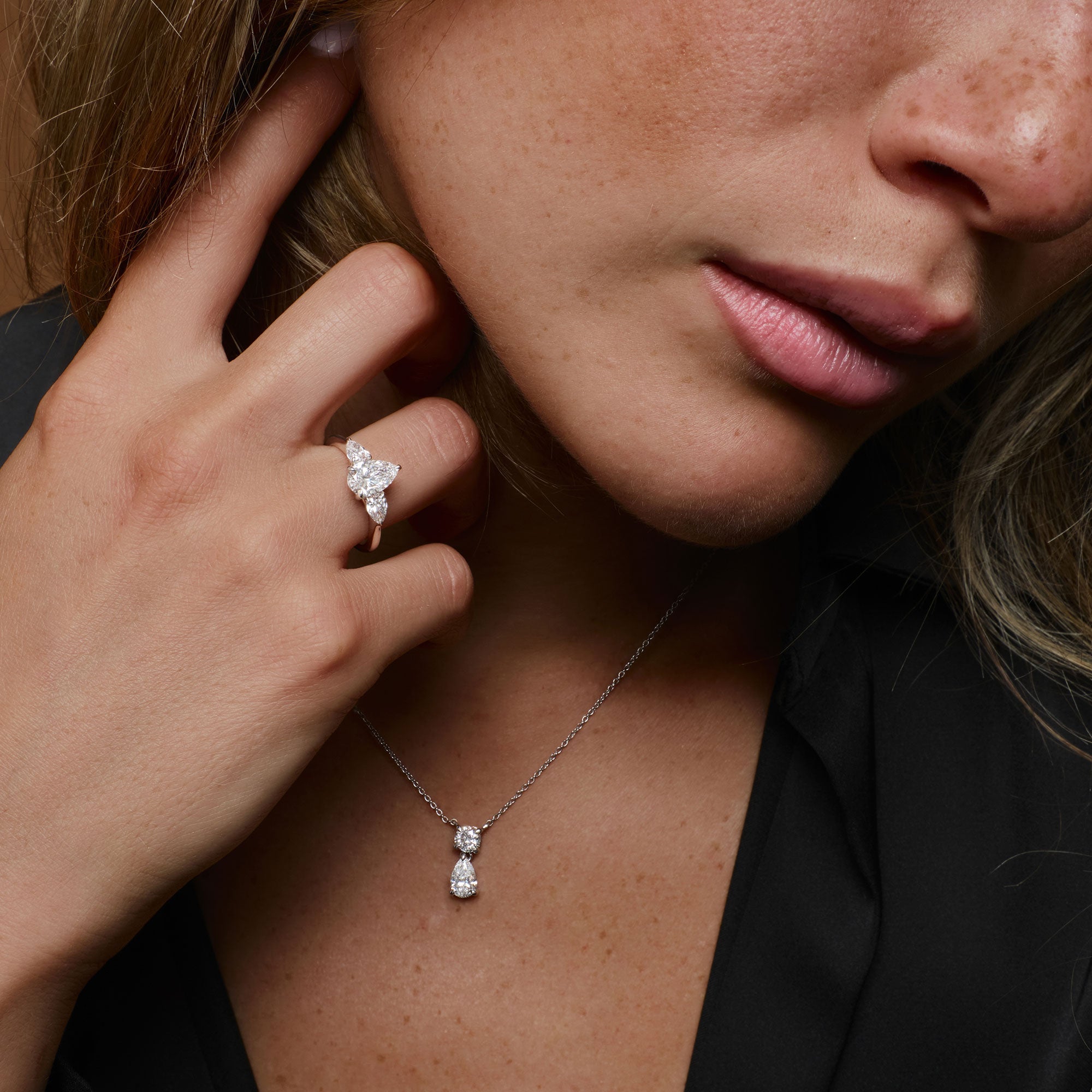Basket Setting Pear & Round Cut Lab Grown Diamond Necklace