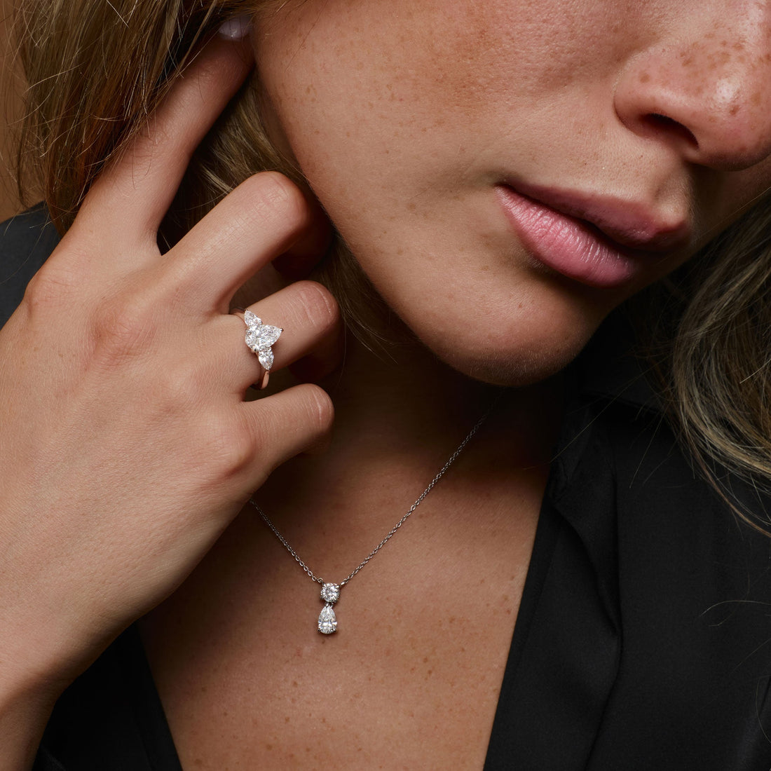 Basket Setting Pear & Round Cut Lab Grown Diamond Necklace