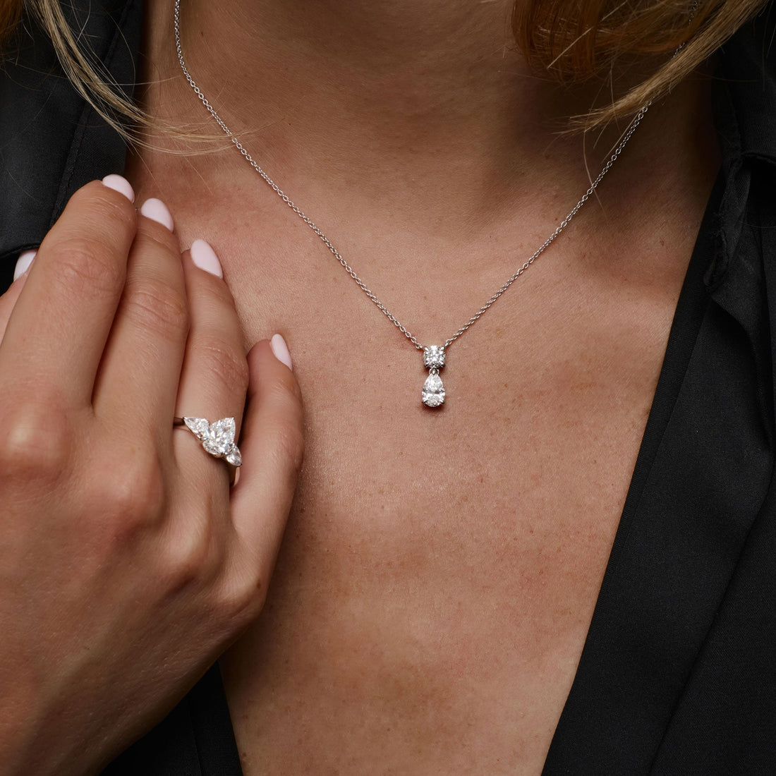 Basket Setting Pear & Round Cut Lab Grown Diamond Necklace