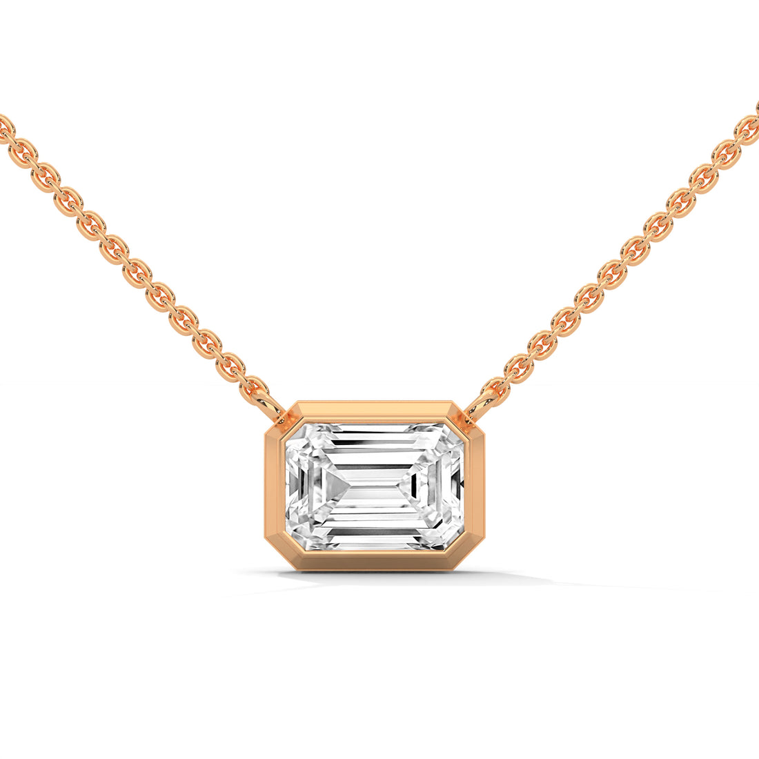 Rose gold necklace with a diamond pendant on a white background
