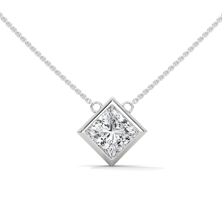 Diamond necklace with princess cut  pendant on a white background