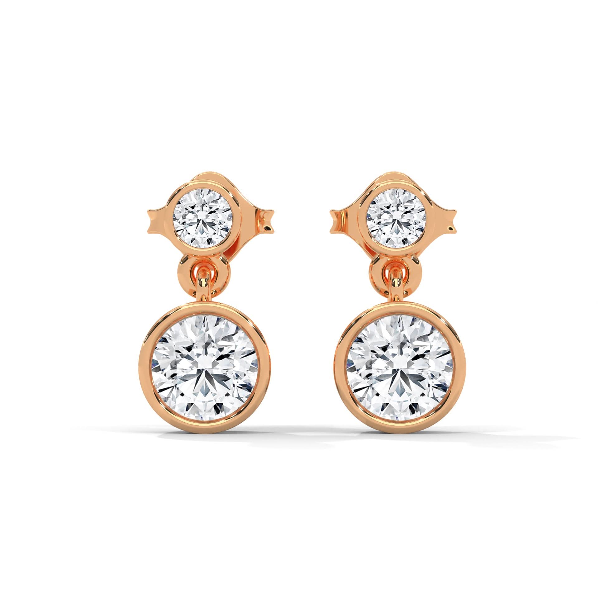 Rose gold earrings with clear Diamond on a white background