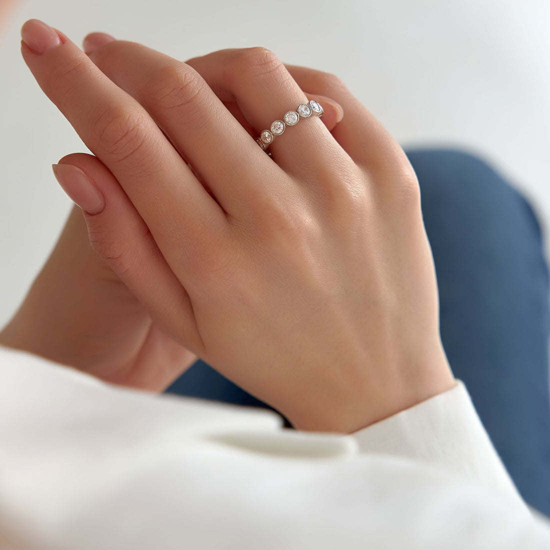 Bezel Setting Nine Stone Round Lab Grown Diamond Wedding Ring