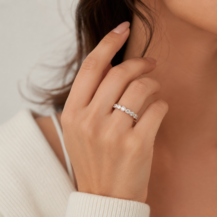Bezel Setting Nine Stone Round Lab Grown Diamond Wedding Ring