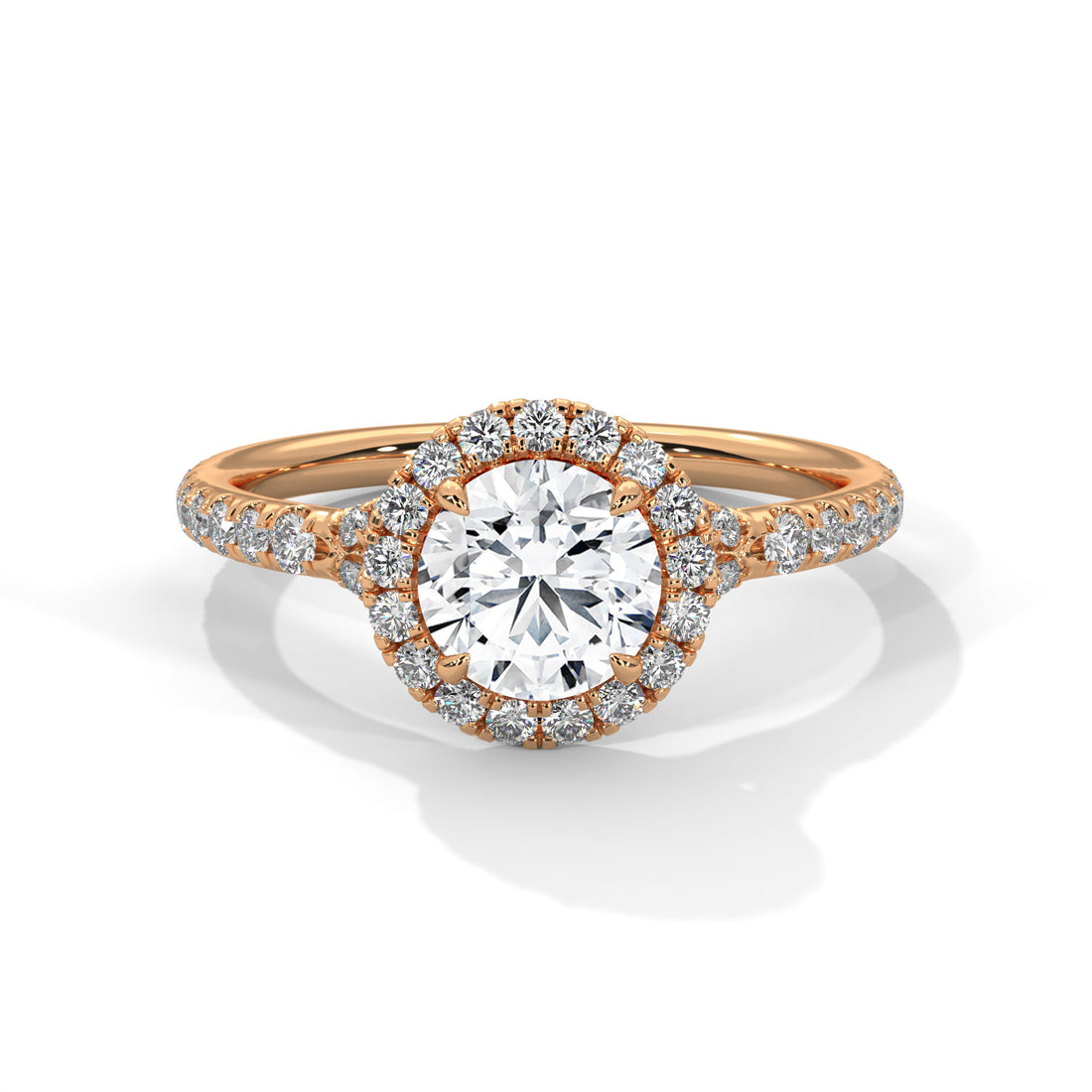 Rose gold ring with a diamond on a white background