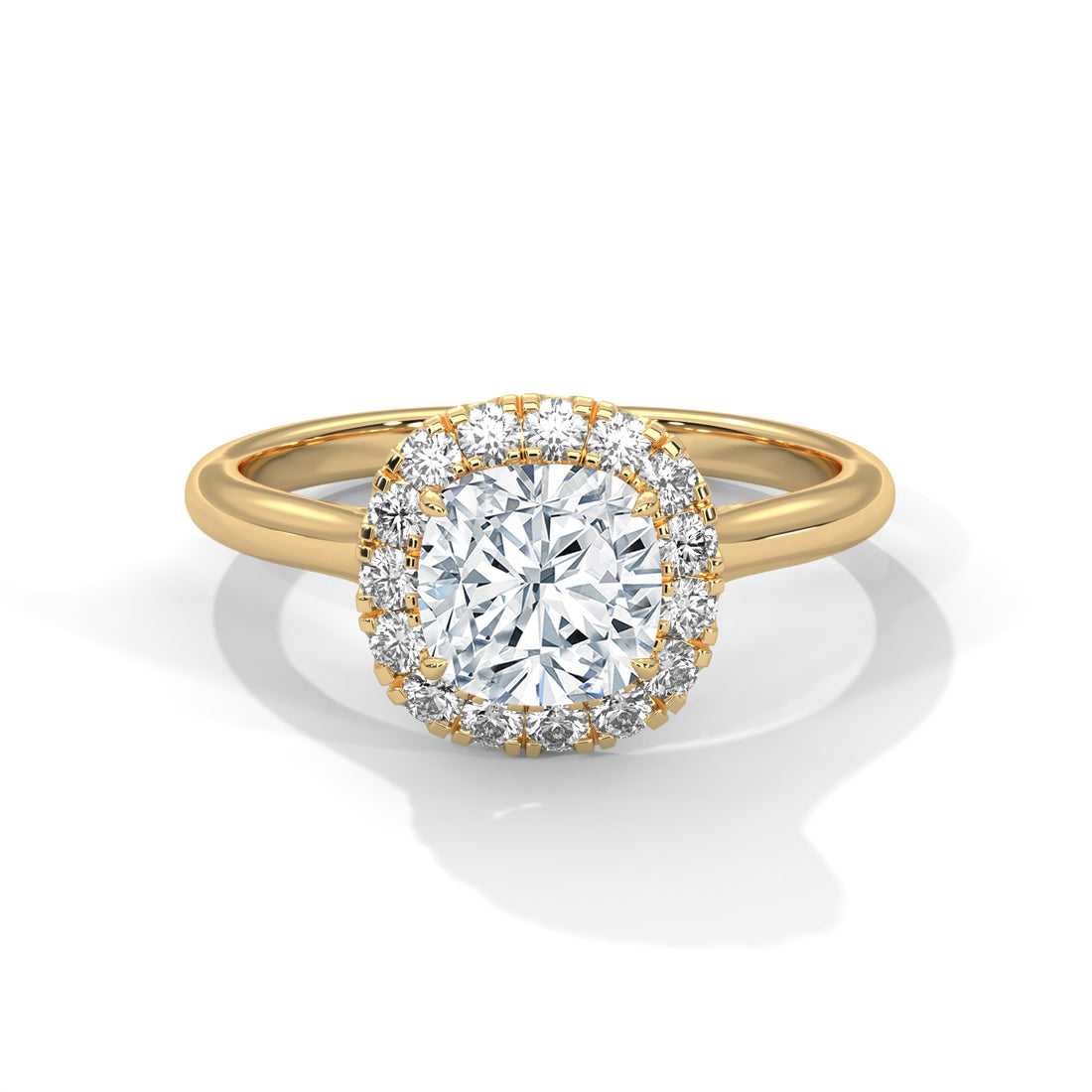 Gold ring with a large diamond and smaller diamonds around on a white background