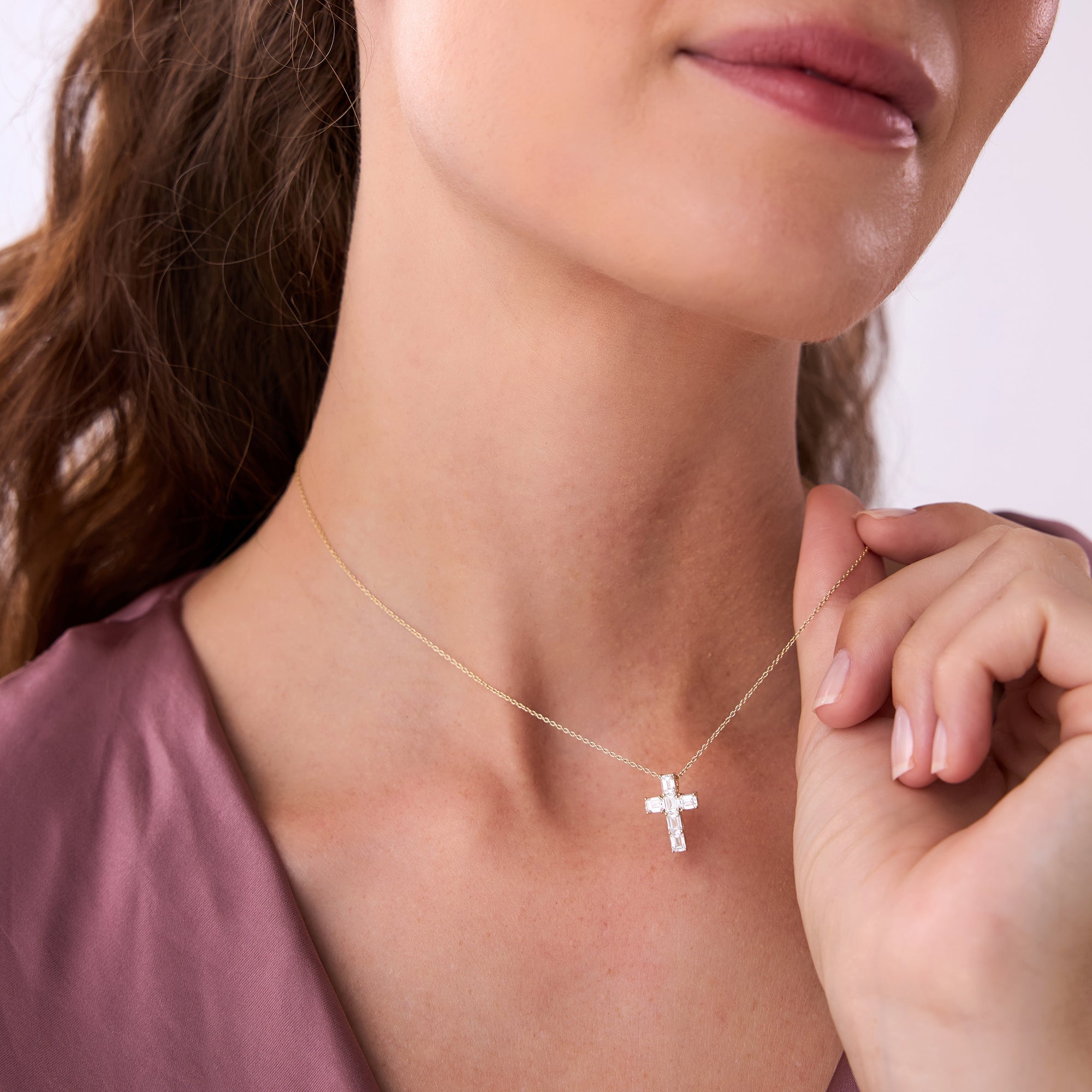 Classic Emerald Cut Diamond Cross Necklace