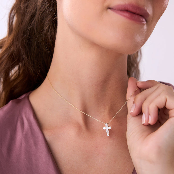 Classic Emerald Cut Diamond Cross Necklace
