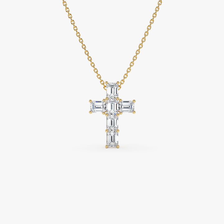 Classic Emerald Cut Diamond Cross Necklace