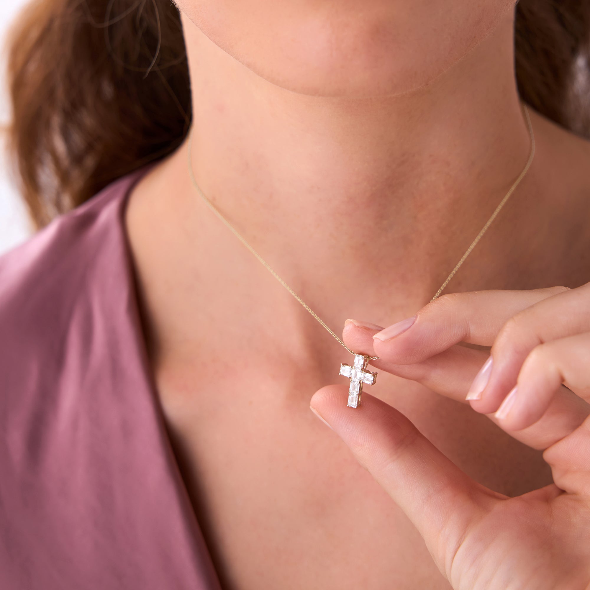 Classic Emerald Cut Diamond Cross Necklace