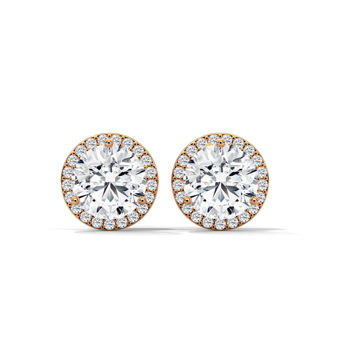 Pair of diamond stud earrings with rose gold accents on a white background