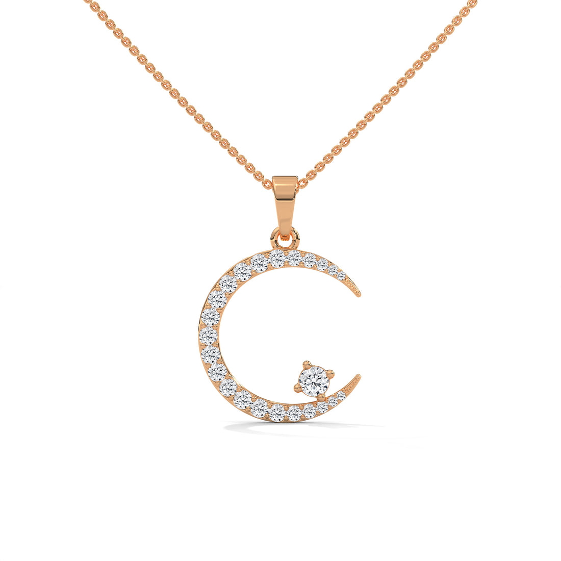 Rose gold necklace with a crescent moon pendant on a white background