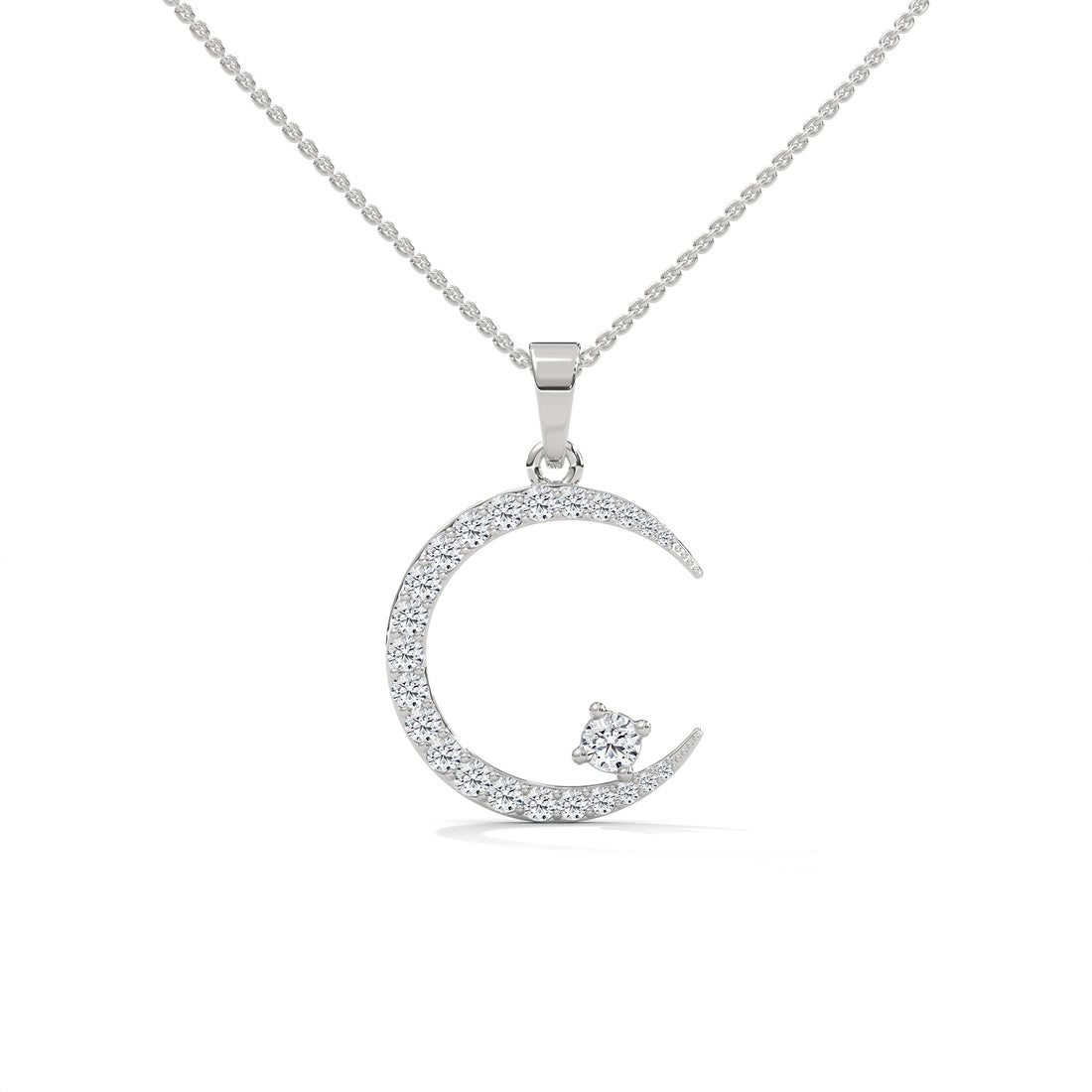 Silver crescent moon pendant necklace on a white background