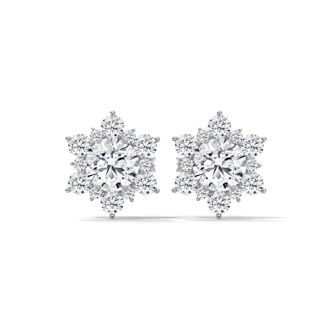 Pair of diamond snowflake earrings on a white background