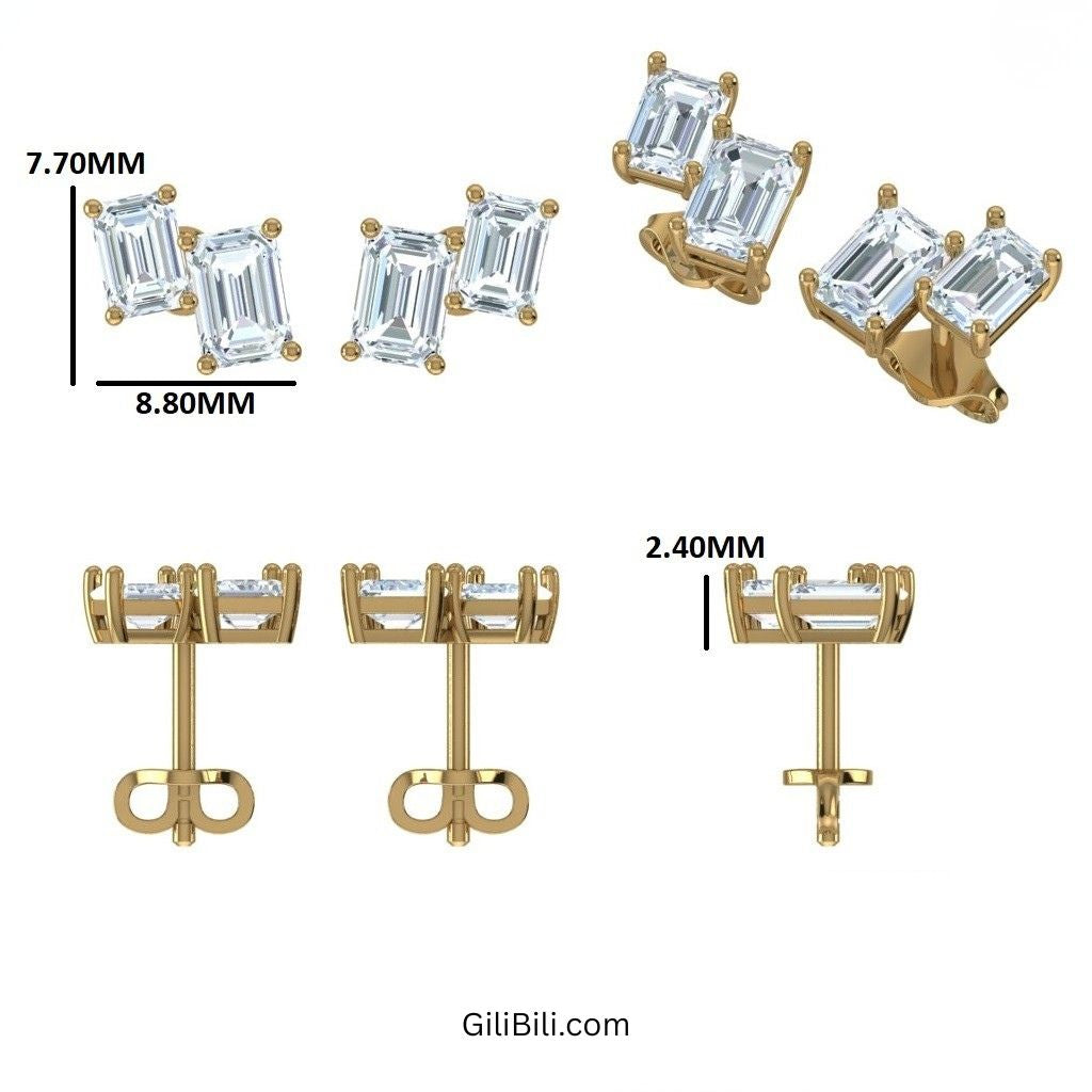 Double Emerald Cut Diamond Stud Earrings