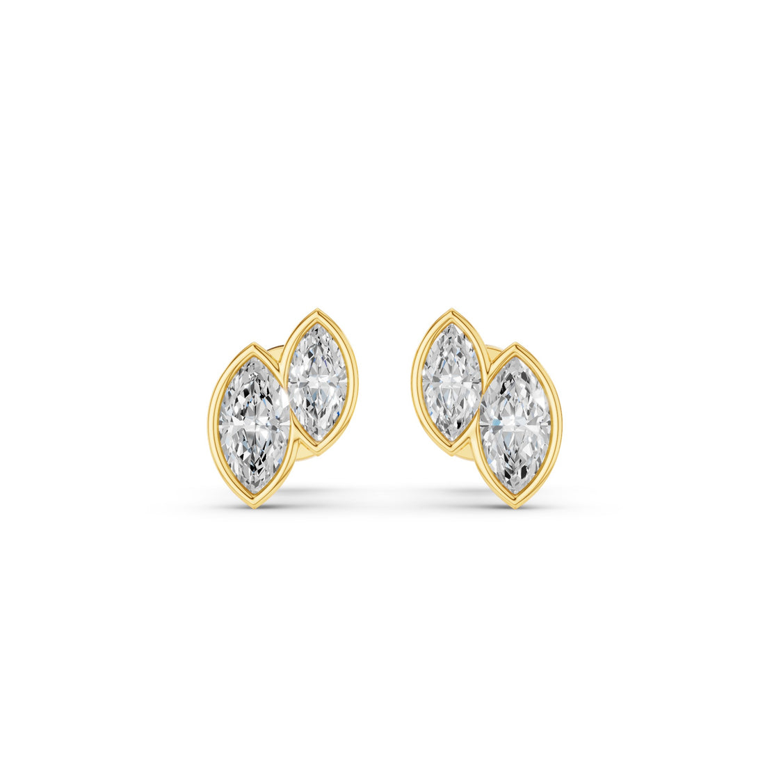 A pair of gold stud earrings featuring marquise-cut clear gemstones in a clustered setting, shown on a plain white background.