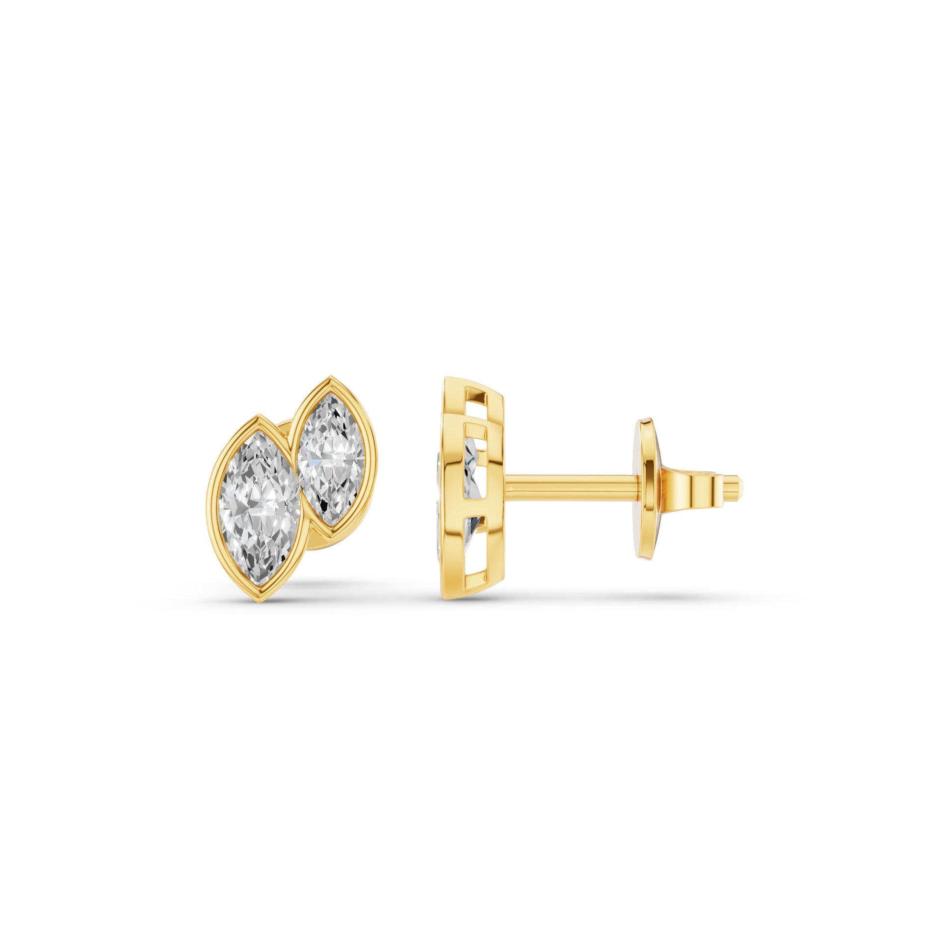 A pair of gold stud earrings with marquise-cut clear gemstones, shown from the front and side profile against a clean white background.