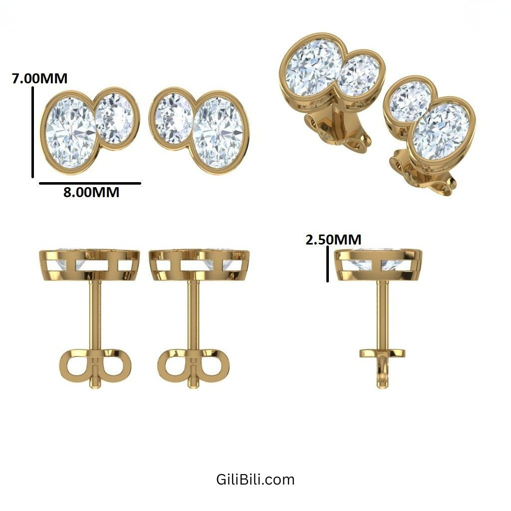 Double Oval Shape Bezel Set Stud Earrings