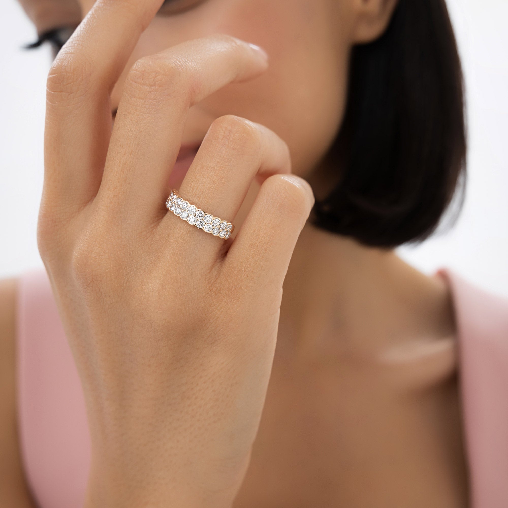 Double Row Half Bezel Set Lab Grown Diamond Wedding Ring