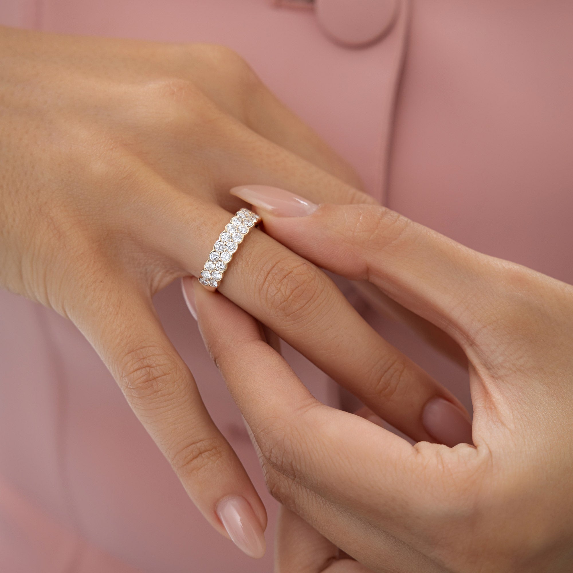 Double Row Half Bezel Set Lab Grown Diamond Wedding Ring