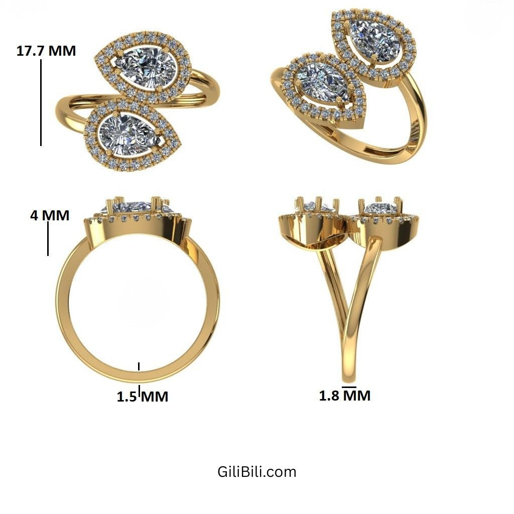 Dual Pear Shaped Lab Grown Halo Bypass Ring