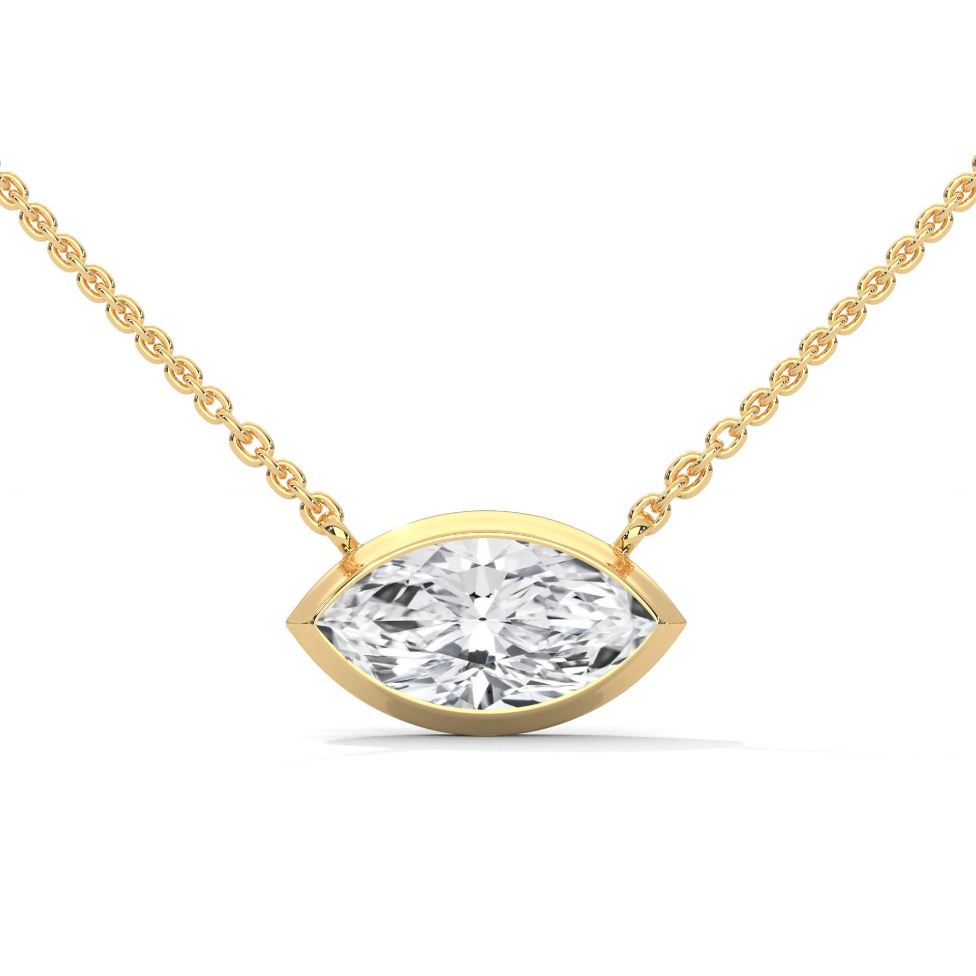 Gold necklace with a diamond pendant on a white background
