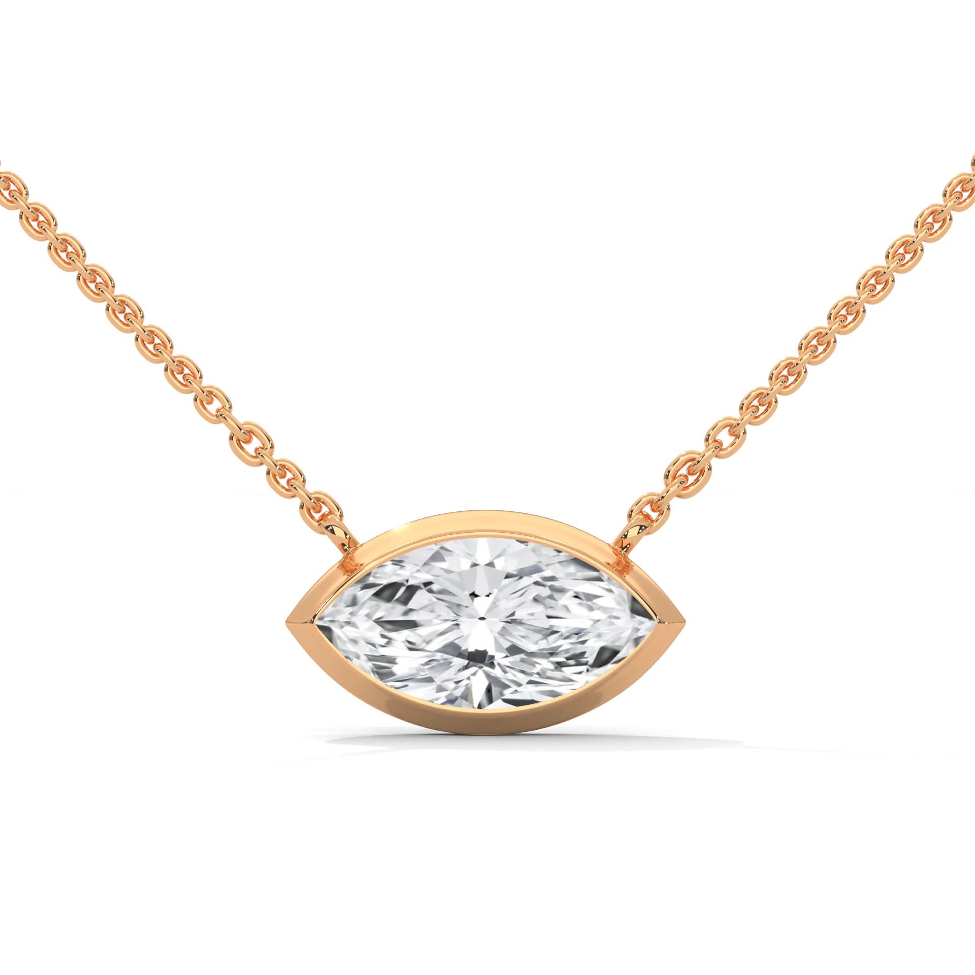 Rose gold necklace with a diamond pendant on a white background