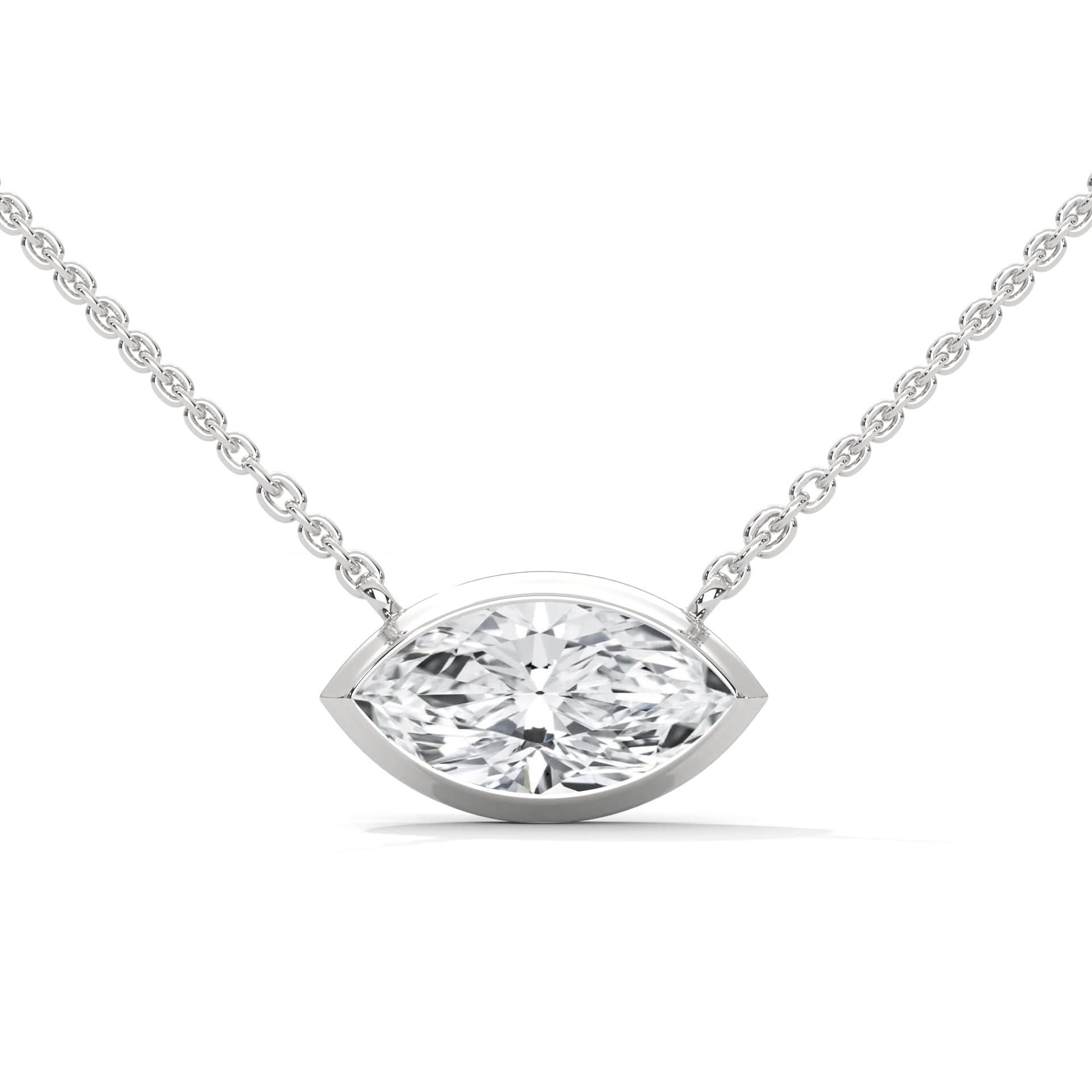 Diamond necklace with a marquise-shaped pendant on a white background