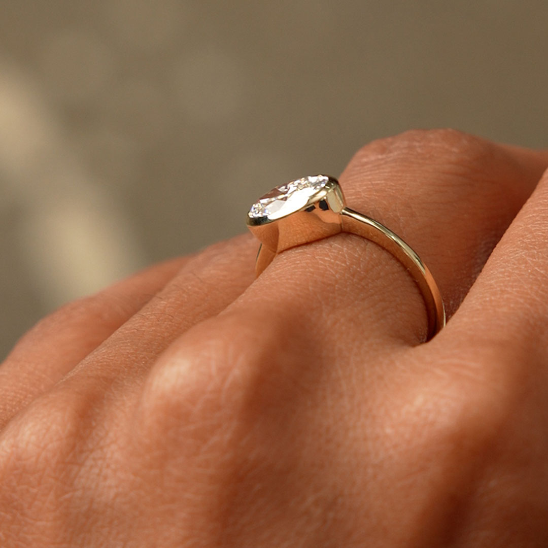 East West Classic Oval Shaped Lab Diamond Bezel Set Engagement Ring