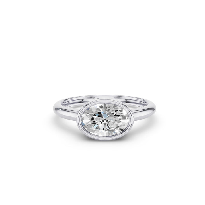 East West Classic Oval Shaped Lab Diamond Bezel Set Engagement Ring