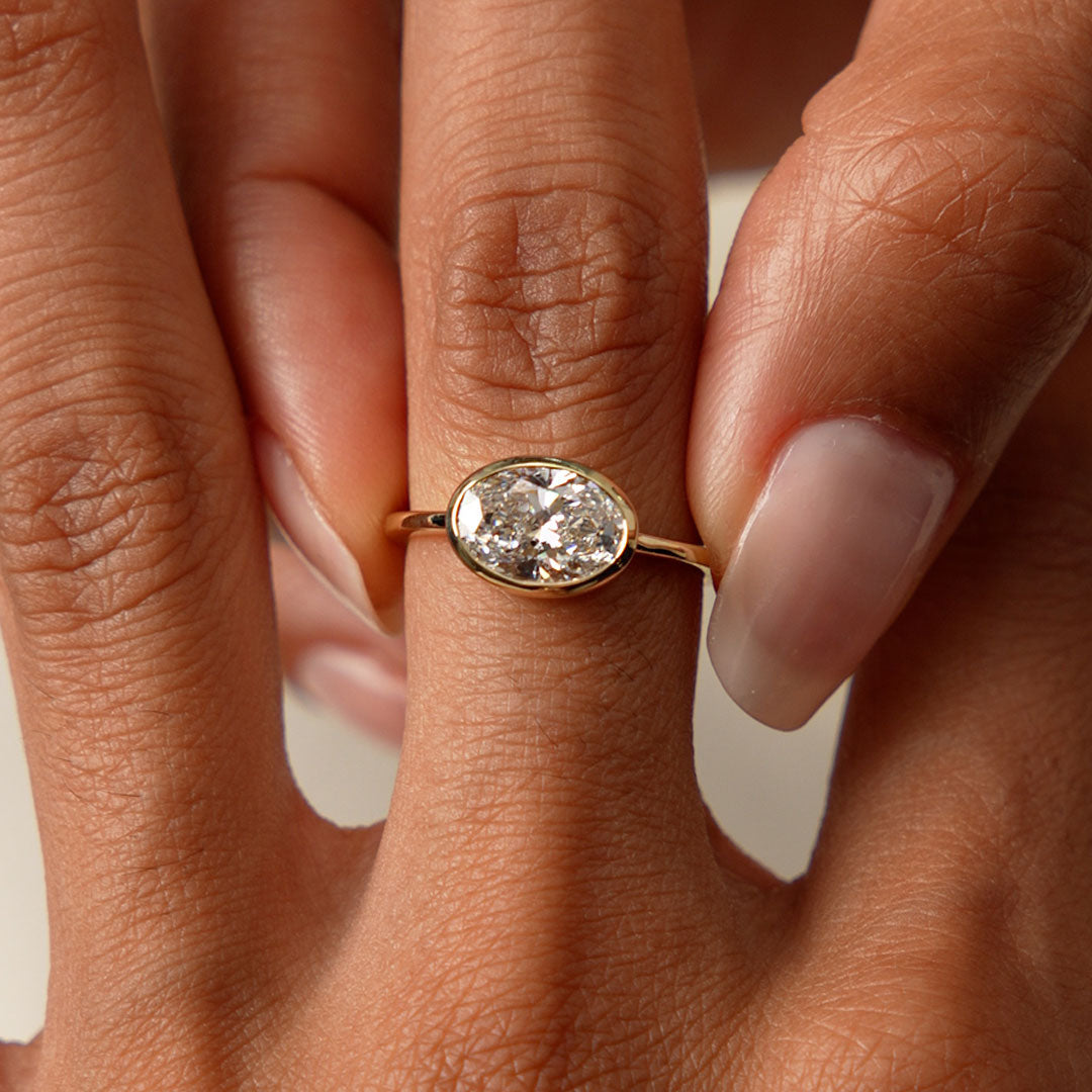 East West Classic Oval Shaped Lab Diamond Bezel Set Engagement Ring