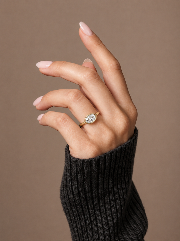 East West Classic Oval Shaped Lab Diamond Bezel Set Engagement Ring
