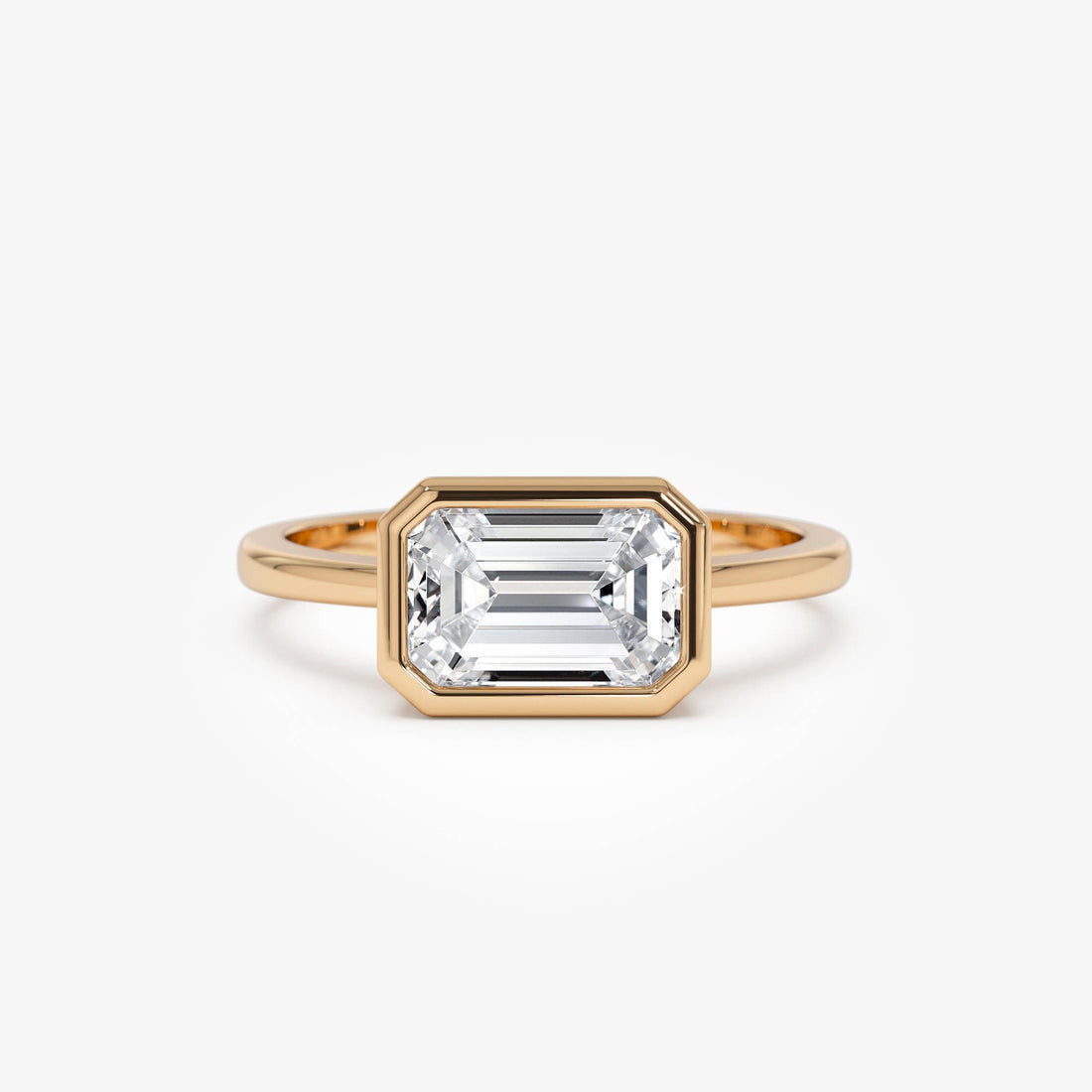 East West Emerald Cut Lab Grown Bezel Setting Engagement Ring