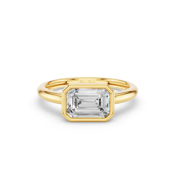 East West Emerald Cut Lab Grown Bezel Setting Engagement Ring