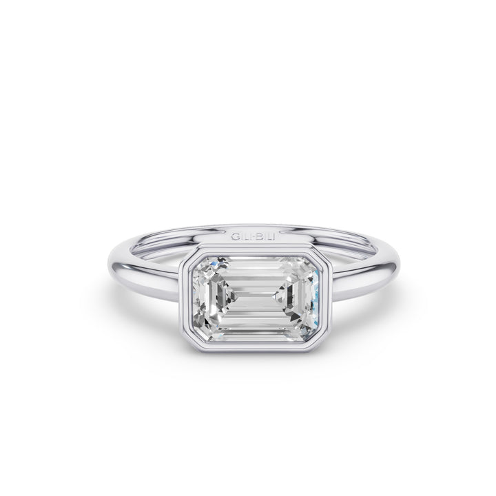 East West Emerald Cut Lab Grown Bezel Setting Engagement Ring