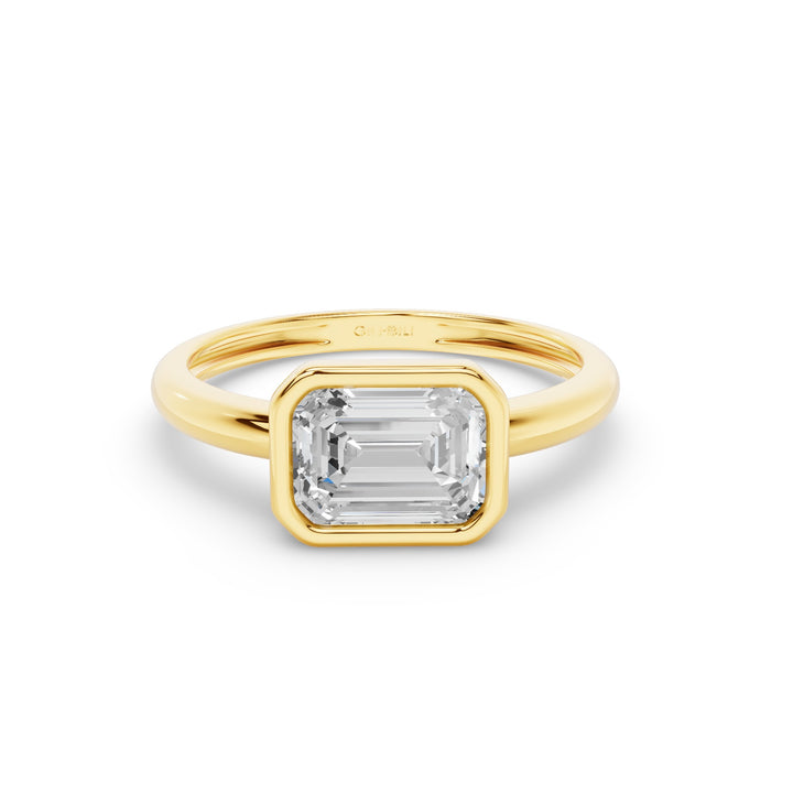 East West Emerald Cut Lab Grown Bezel Setting Engagement Ring