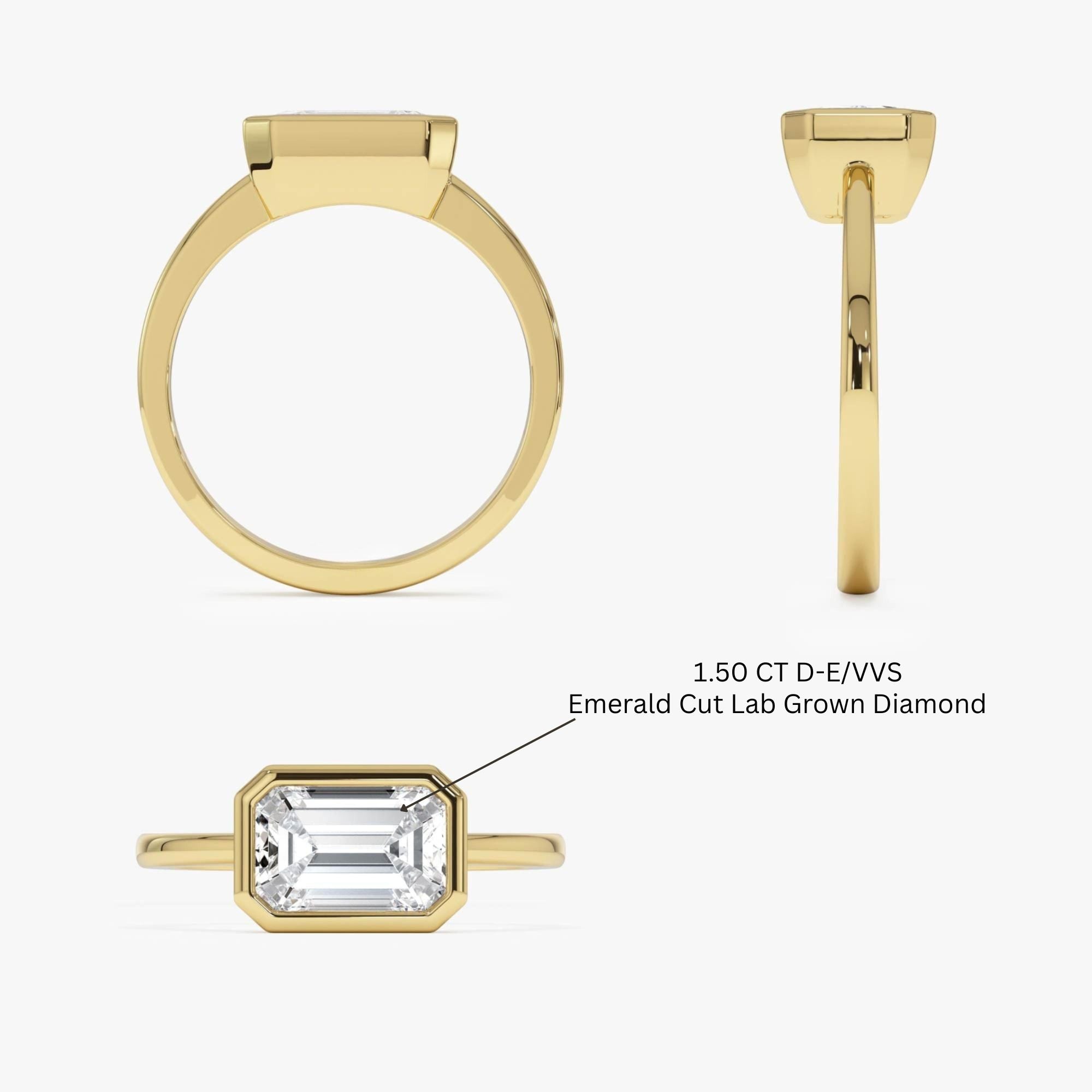 East West Emerald Cut Lab Grown Bezel Setting Engagement Ring