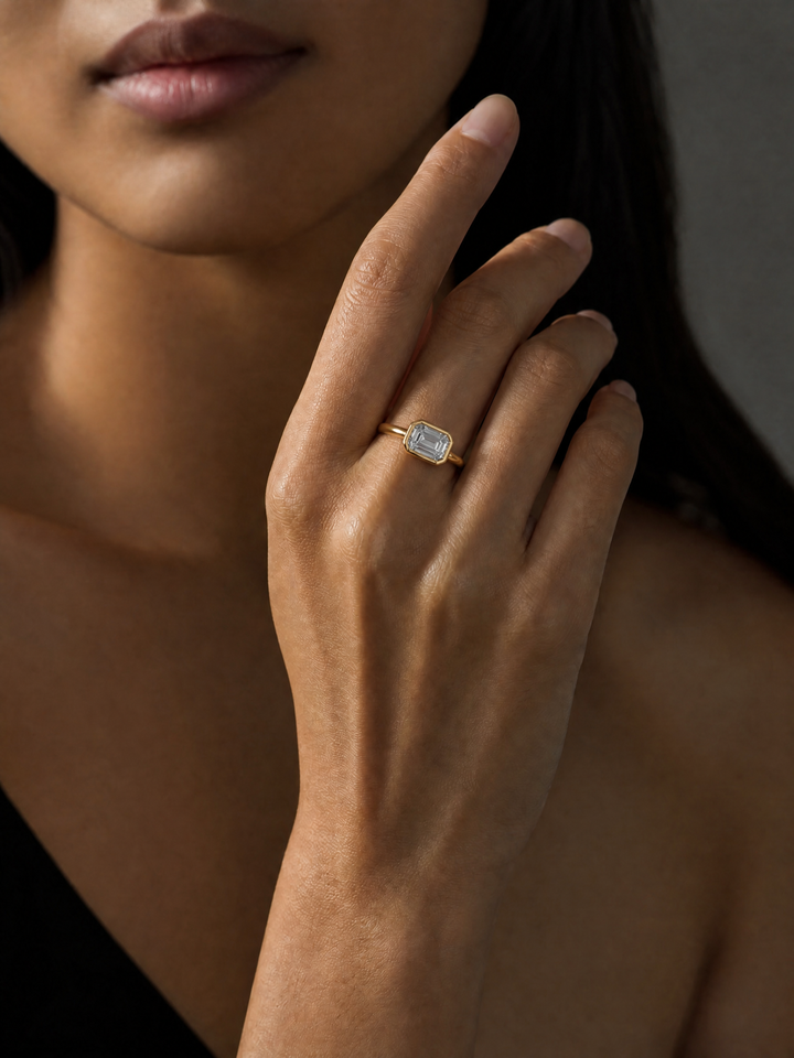 East West Emerald Cut Lab Grown Bezel Setting Engagement Ring