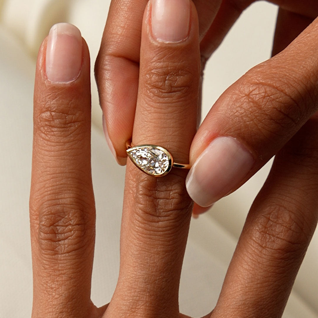 East West Pear Shaped Lab Grown Diamond Bezel Setting Engagement Ring
