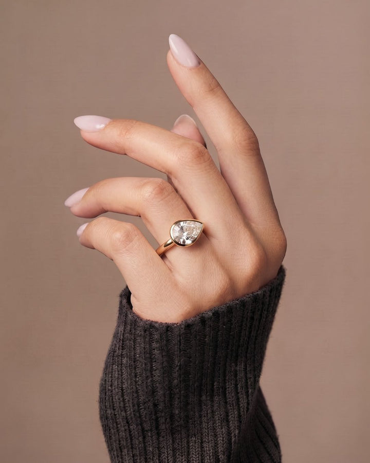 East West Pear Shaped Lab Grown Diamond Bezel Setting Engagement Ring