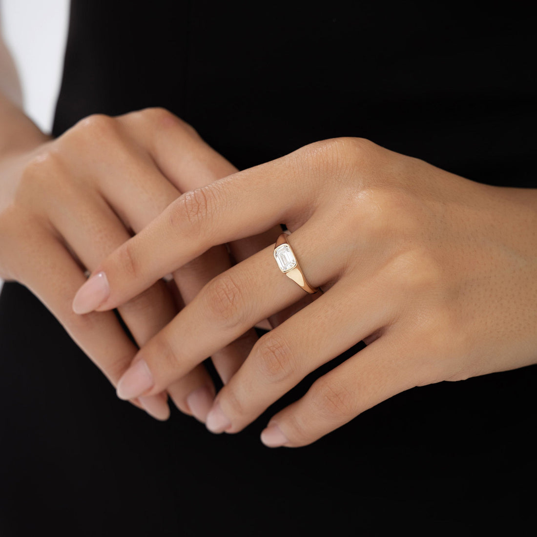 East West Set Emerald Cut Lab Grown Diamond Engagement Ring