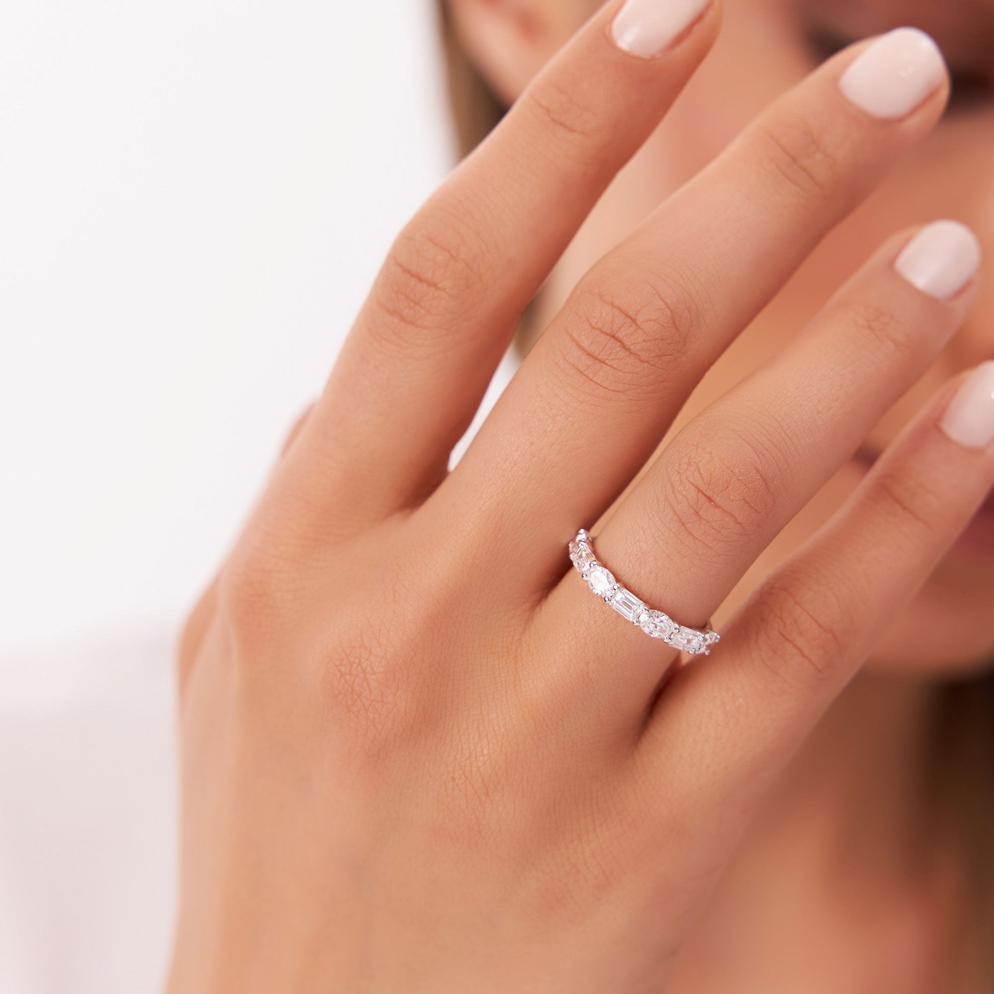 East West Set Oval Emerald Cut Diamond Eternity Wedding Band