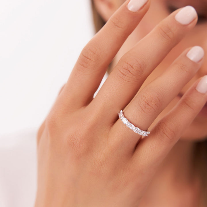 East West Set Oval Emerald Cut Diamond Eternity Wedding Band