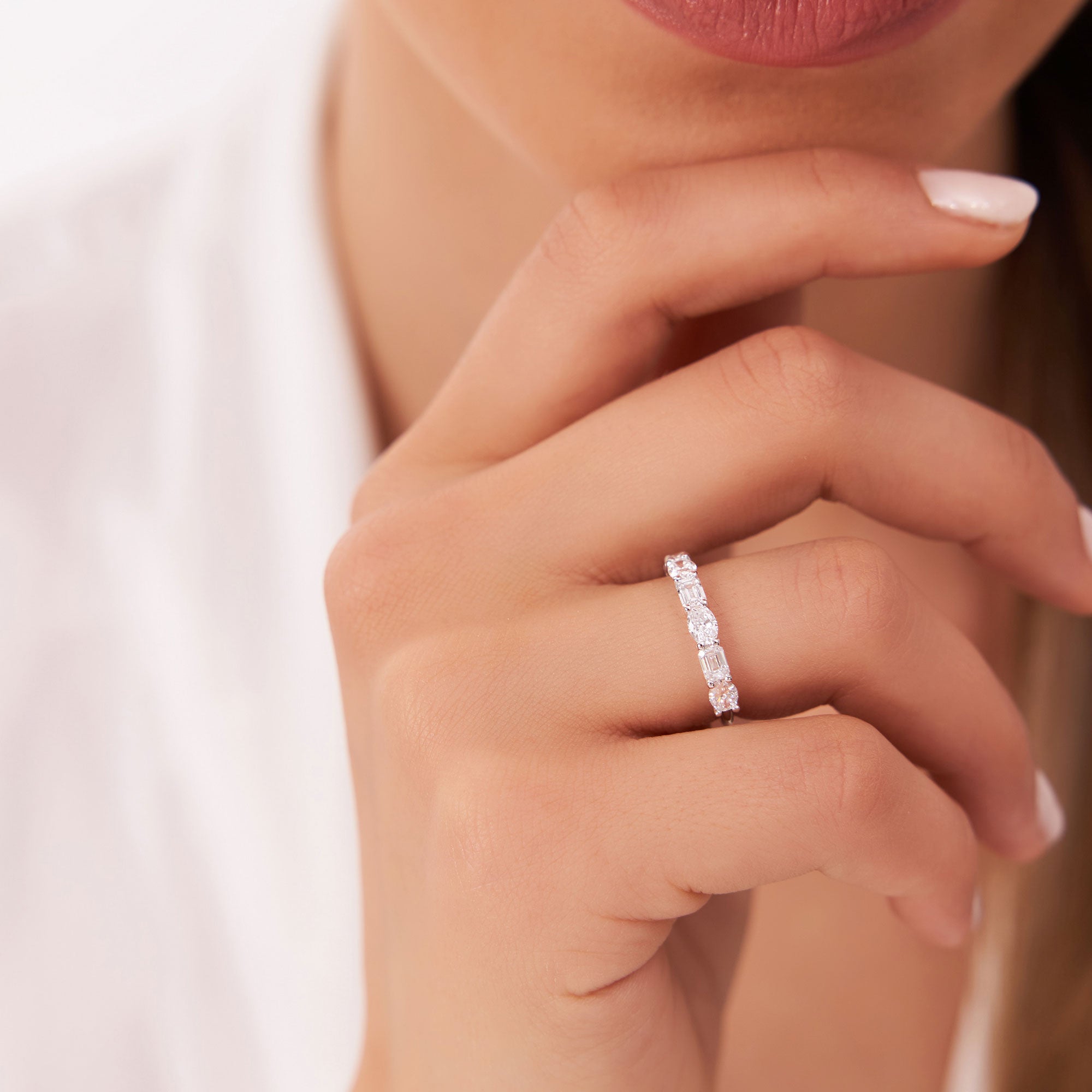 East West Set Oval Emerald Cut Diamond Eternity Wedding Band