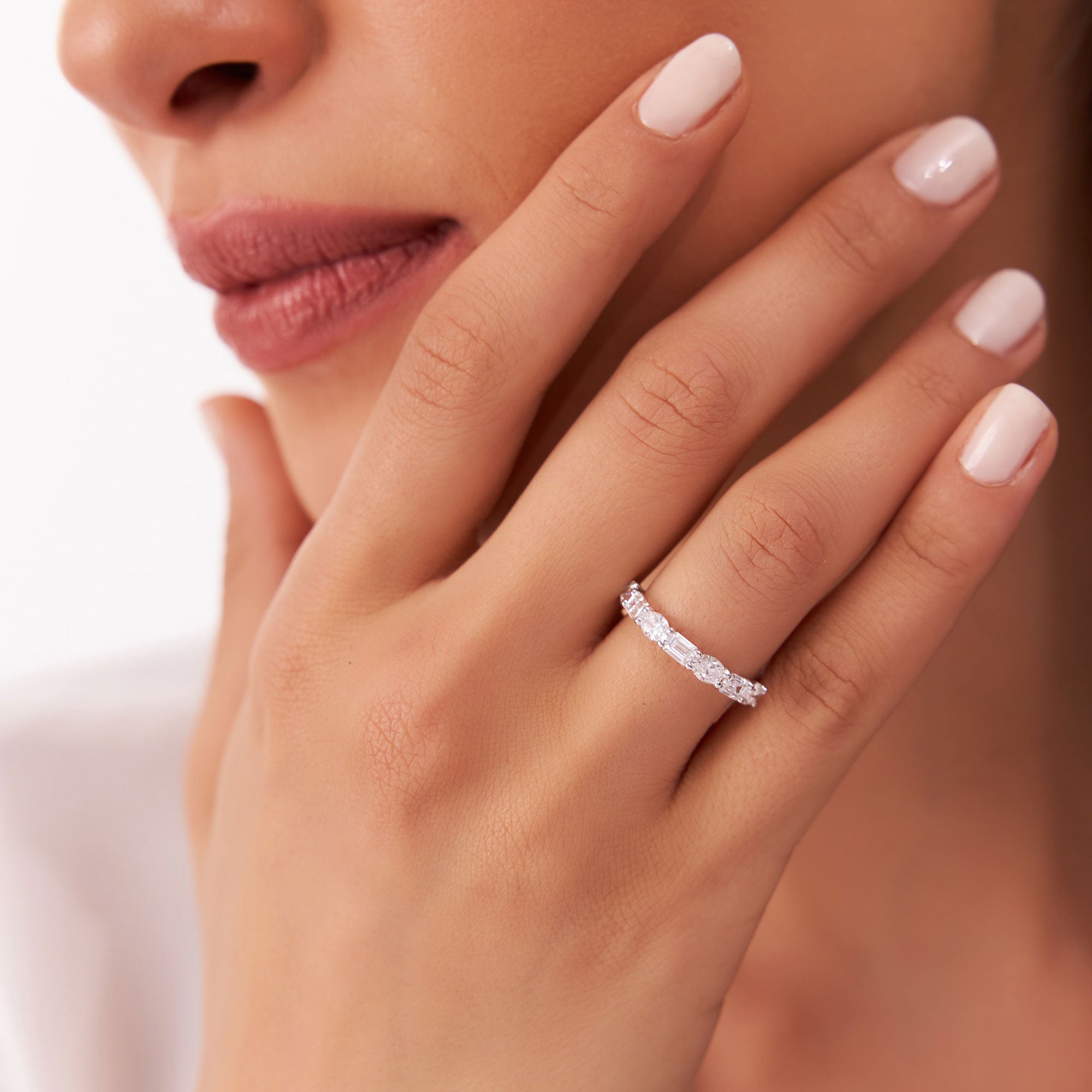East West Set Oval Emerald Cut Diamond Eternity Wedding Band