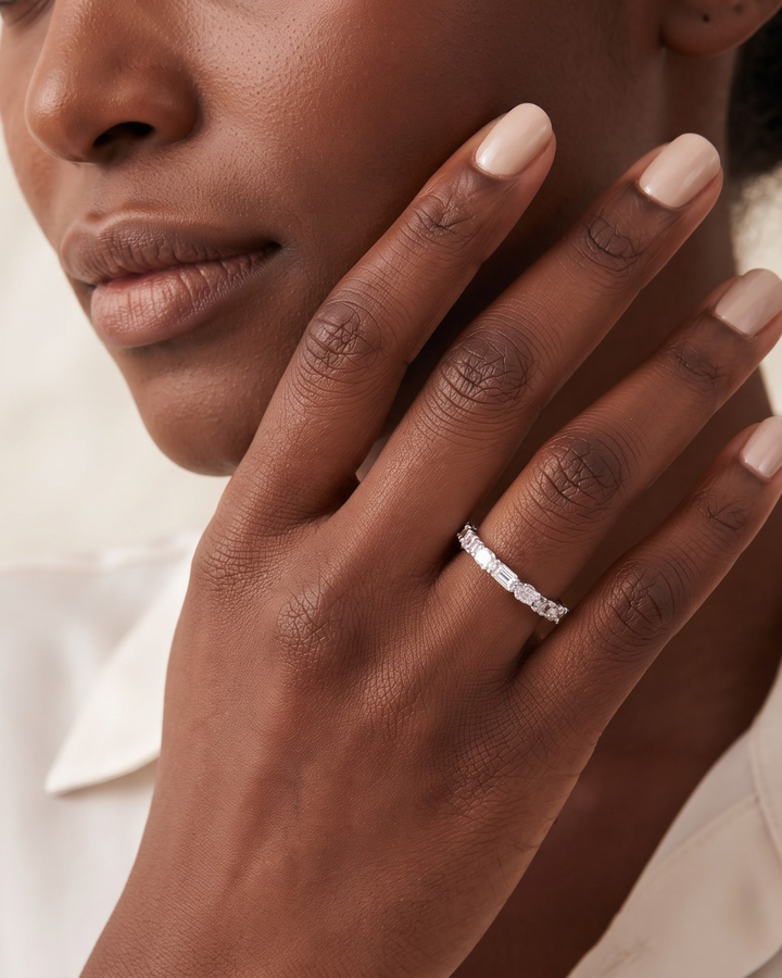 East West Set Oval Emerald Cut Diamond Eternity Wedding Band