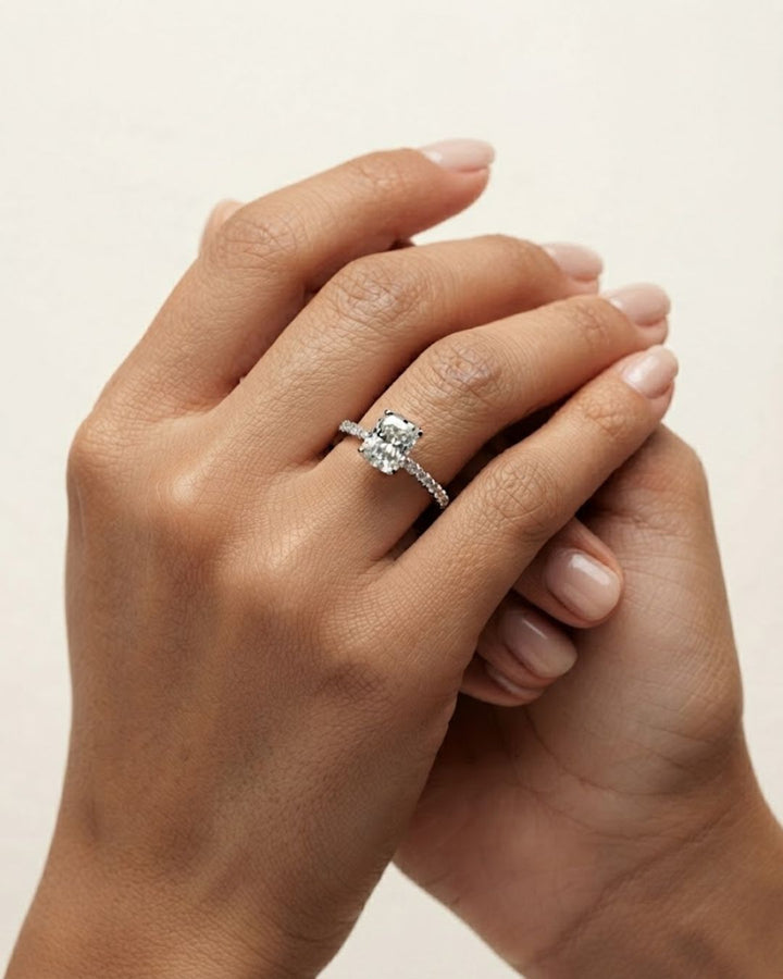 Elogated Cushion Cut Diamond Pavé Set WIth Hidden Halo Ring