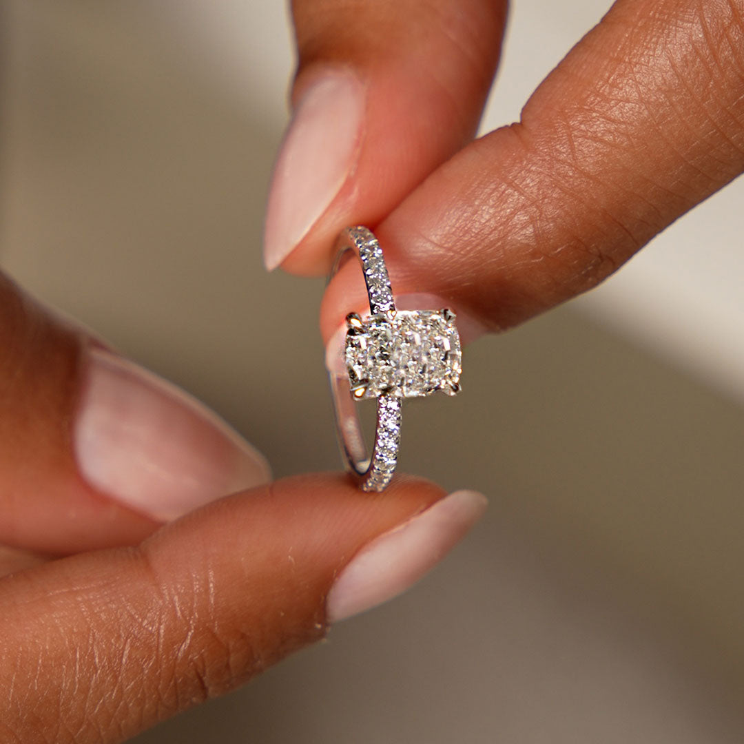 Elogated Cushion Cut Diamond Pavé Set WIth Hidden Halo Ring