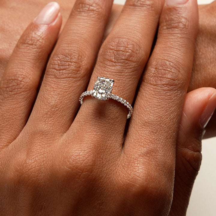 Elogated Cushion Cut Diamond Pavé Set WIth Hidden Halo Ring