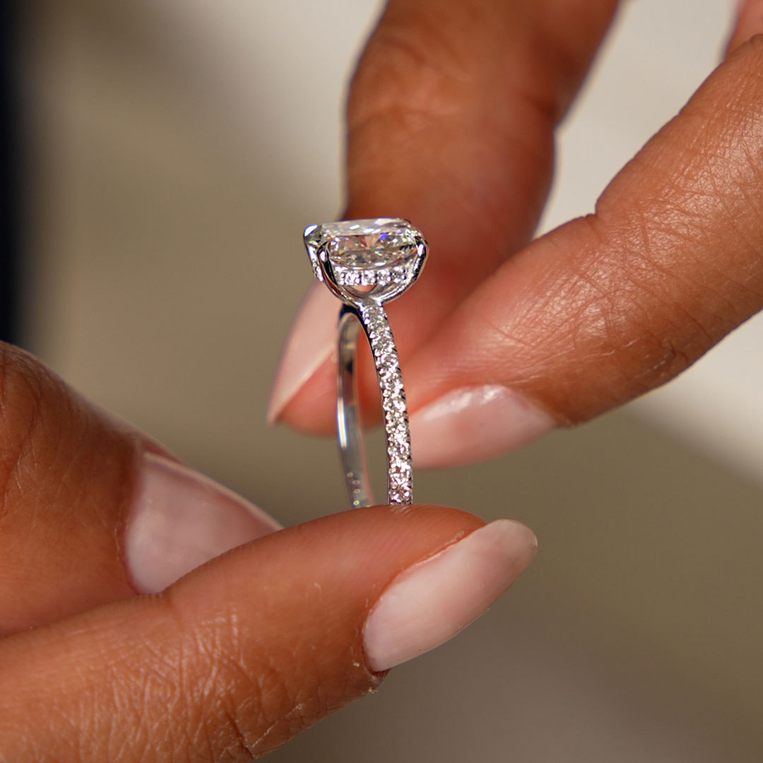 Elogated Cushion Cut Diamond Pavé Set WIth Hidden Halo Ring